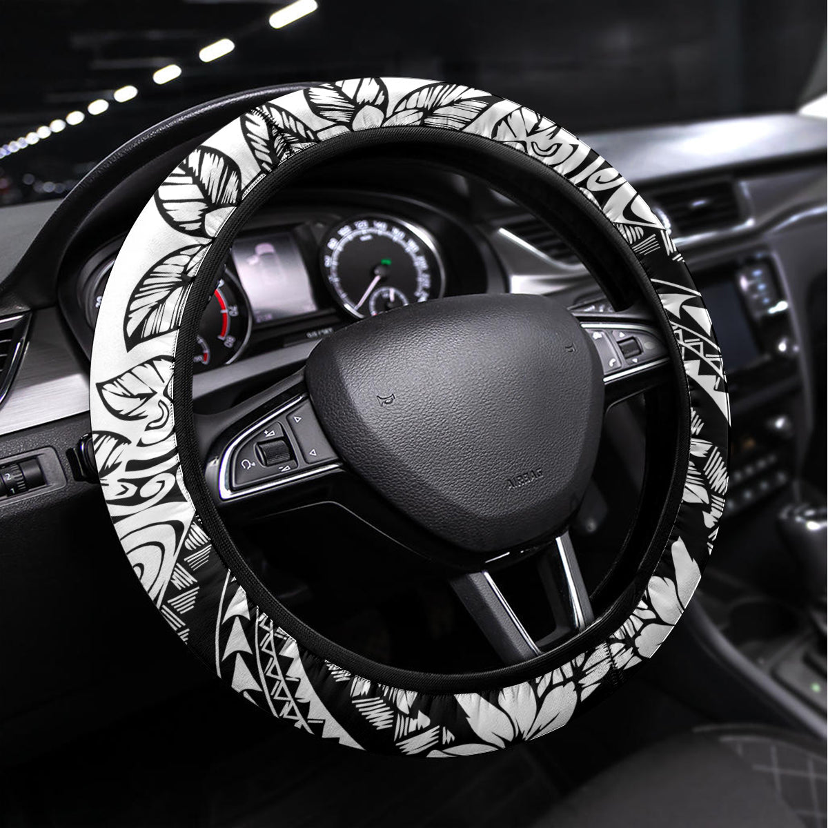 Polynesia Steering Wheel Cover Polynesian Tropical Flowers Black Pastel Vibes