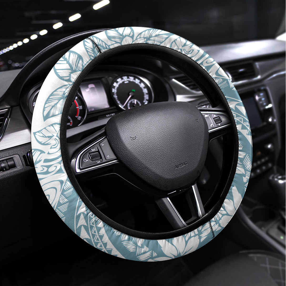 Polynesia Steering Wheel Cover Polynesian Tropical Flowers Blue Pastel Vibes