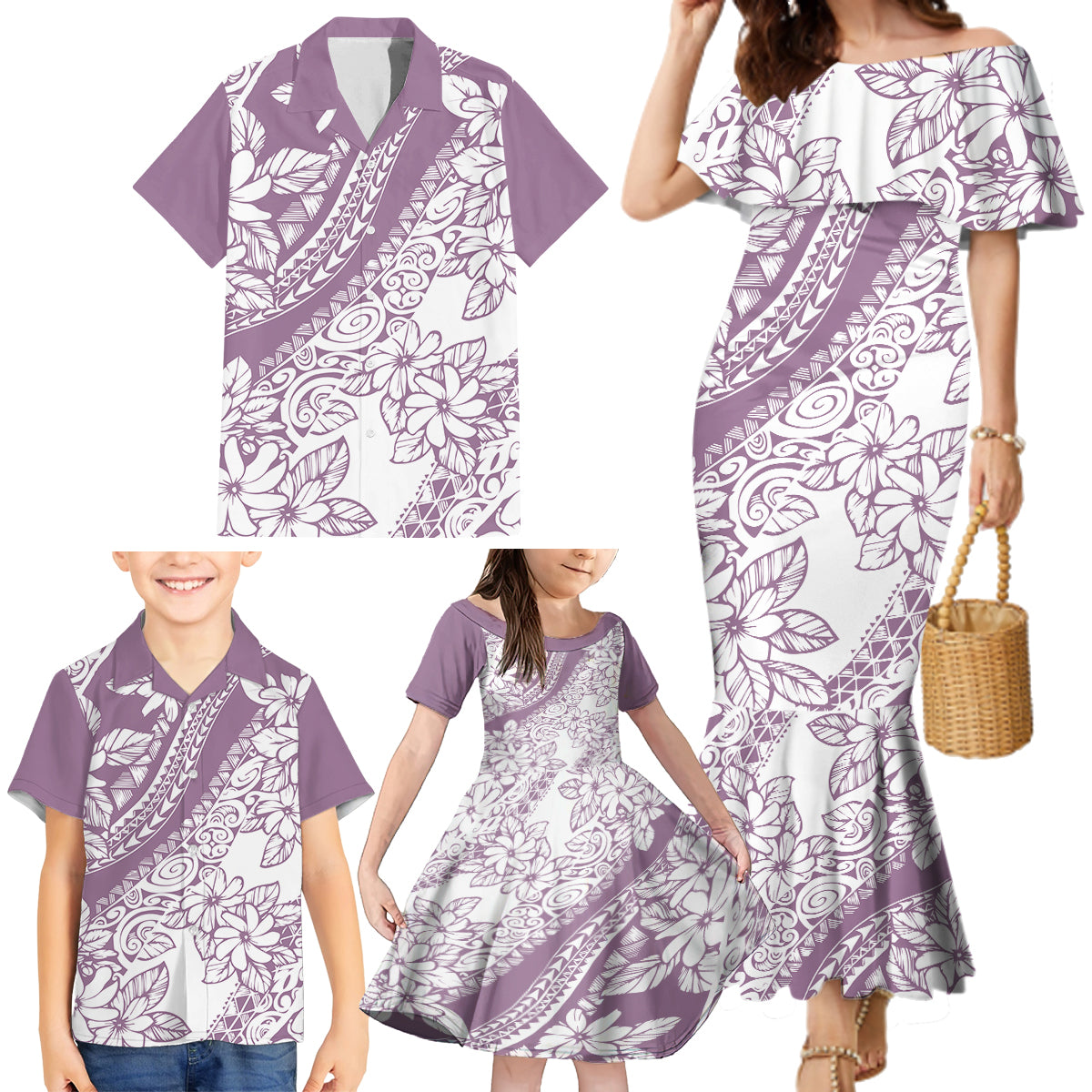 polynesia-family-matching-mermaid-dress-and-hawaiian-shirt-polynesian-tropical-flowers-purple-pastel-vibes