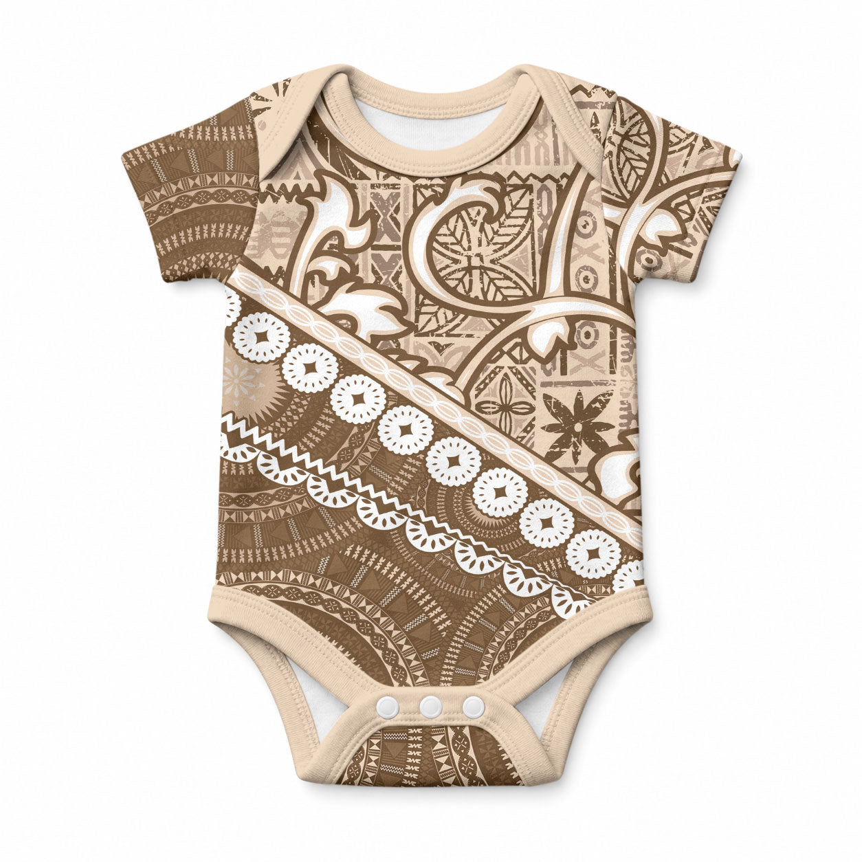 Beige Bula Fiji Baby Onesie Fijian Language Week Tapa Cloth - Pastel LT14 Beige - Polynesian Pride
