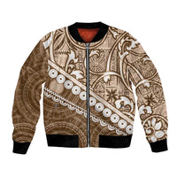 Beige Bula Fiji Bomber Jacket Fijian Language Week Tapa Cloth - Pastel LT14 Unisex Beige - Polynesian Pride