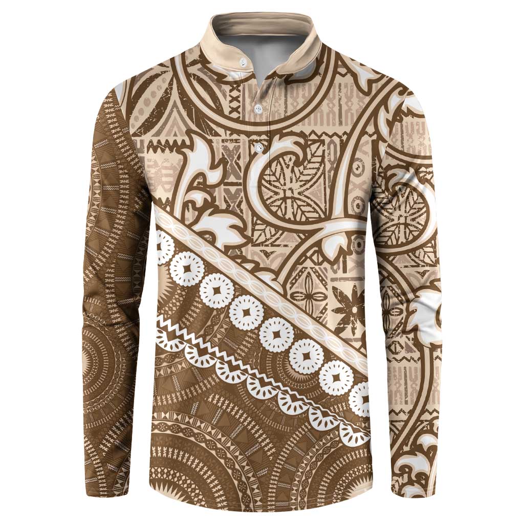 Beige Bula Fiji Button Sweatshirt Fijian Language Week Tapa Cloth - Pastel LT14 Beige - Polynesian Pride