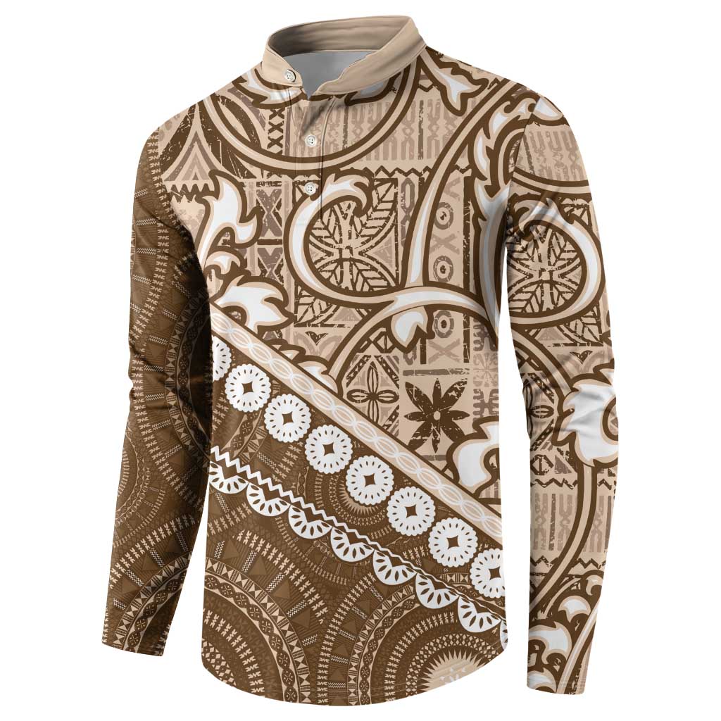 Beige Bula Fiji Button Sweatshirt Fijian Language Week Tapa Cloth - Pastel LT14 - Polynesian Pride