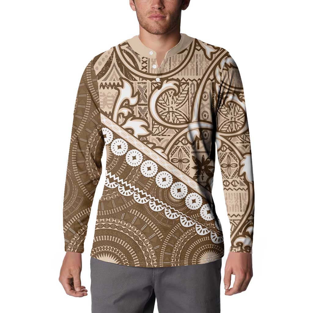 Beige Bula Fiji Button Sweatshirt Fijian Language Week Tapa Cloth - Pastel LT14 - Polynesian Pride
