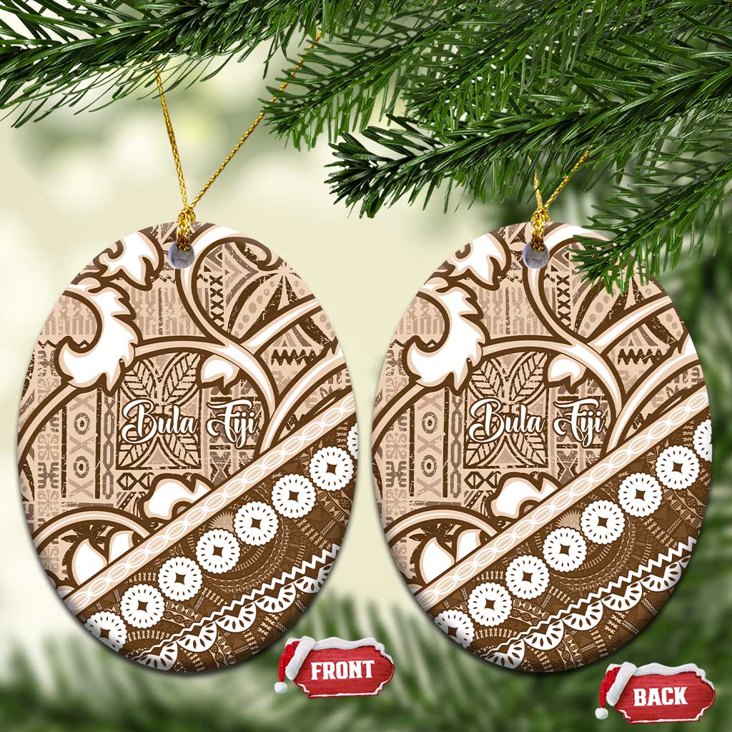 Beige Bula Fiji Ceramic Ornament Fijian Language Week Tapa Cloth - Pastel LT14 Oval Beige - Polynesian Pride