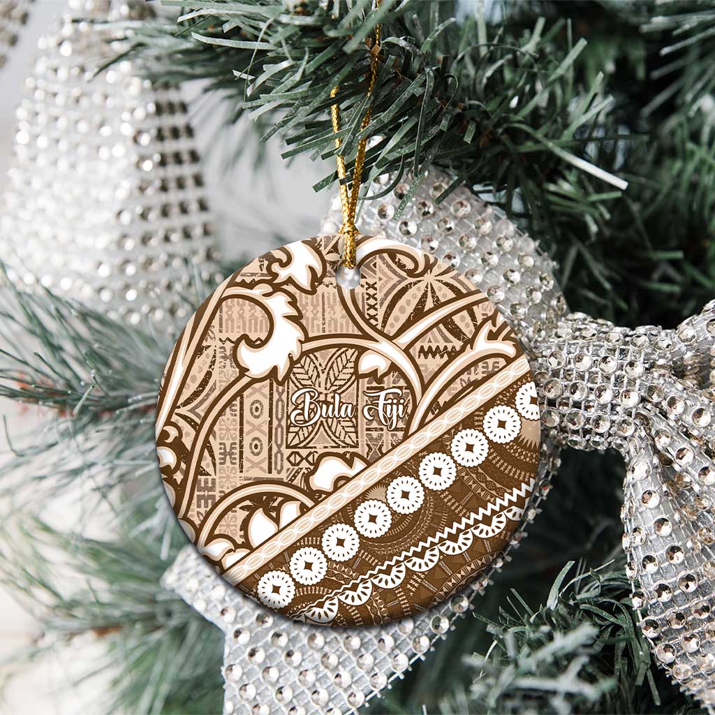 Beige Bula Fiji Ceramic Ornament Fijian Language Week Tapa Cloth - Pastel LT14 - Polynesian Pride