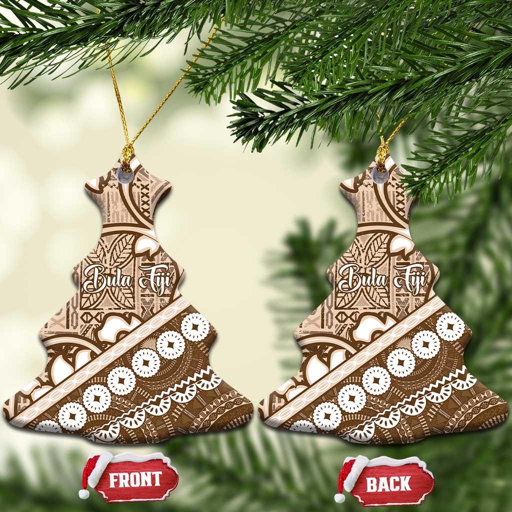 Beige Bula Fiji Ceramic Ornament Fijian Language Week Tapa Cloth - Pastel LT14 Christmas Tree Beige - Polynesian Pride
