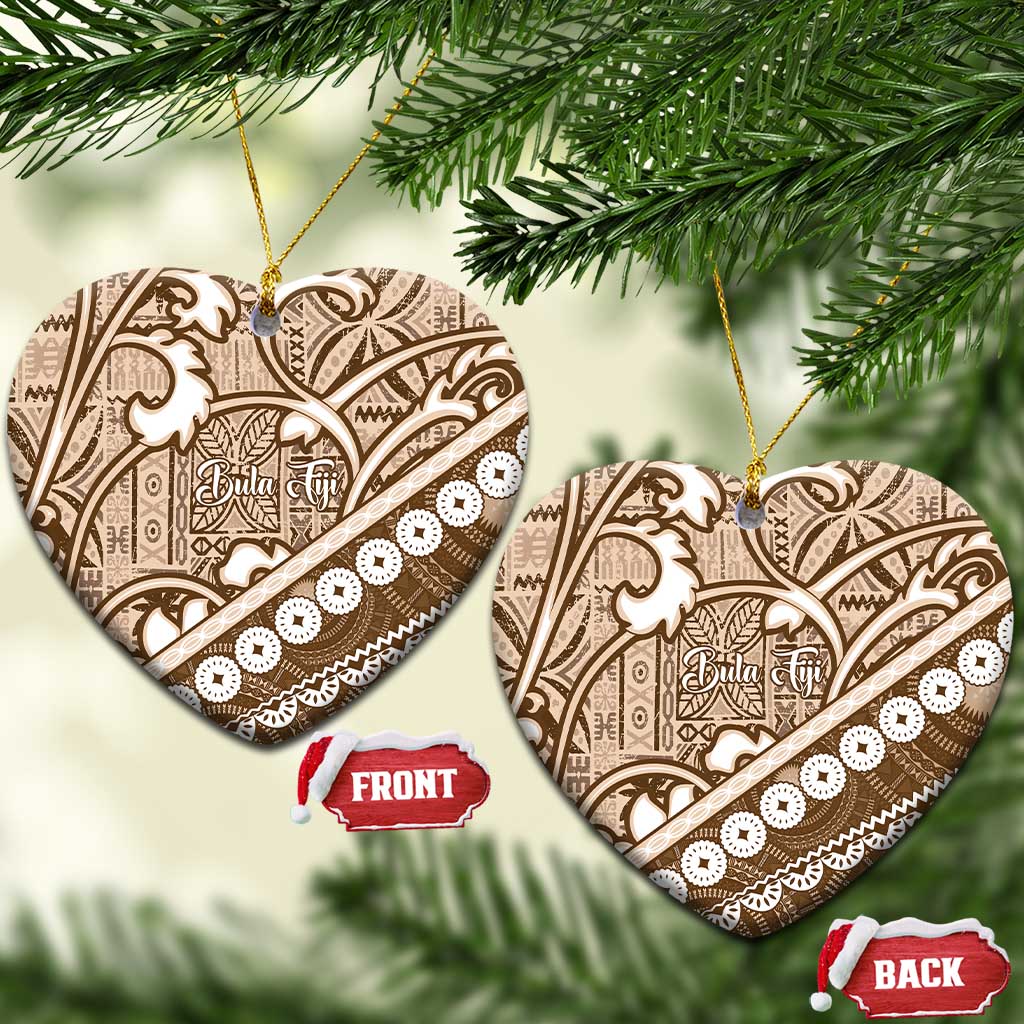 Beige Bula Fiji Ceramic Ornament Fijian Language Week Tapa Cloth - Pastel LT14 Heart Beige - Polynesian Pride