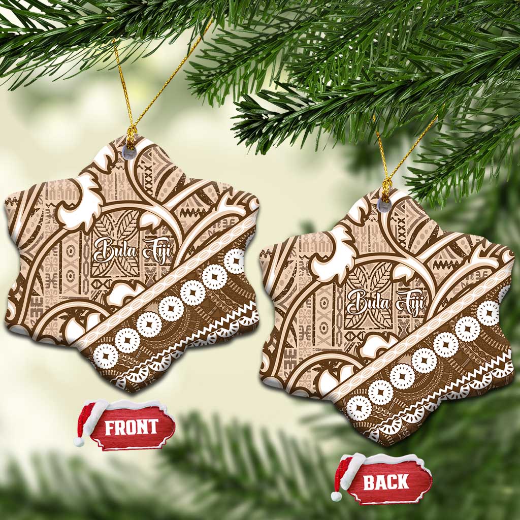 Beige Bula Fiji Ceramic Ornament Fijian Language Week Tapa Cloth - Pastel LT14 Snow Flake Beige - Polynesian Pride