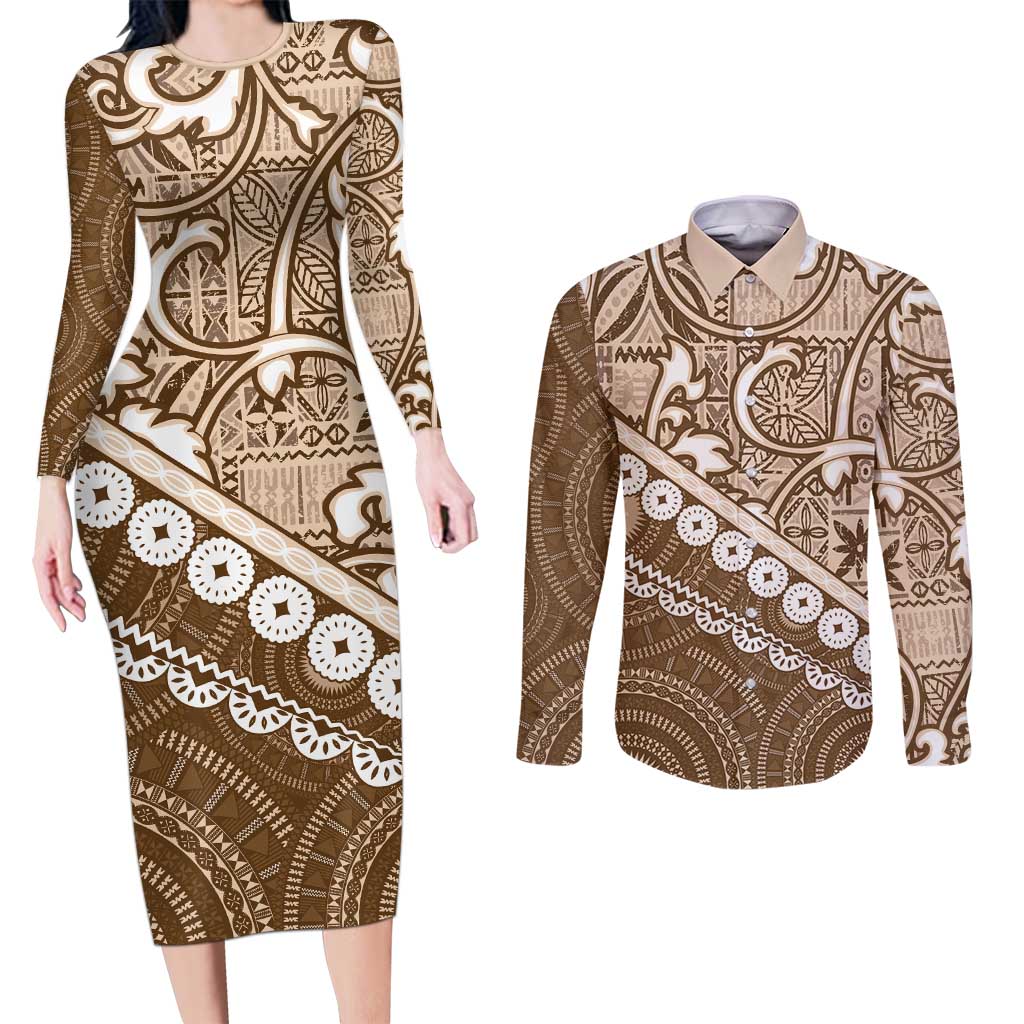 Beige Bula Fiji Couples Matching Long Sleeve Bodycon Dress and Long Sleeve Button Shirt Fijian Language Week Tapa Cloth - Pastel