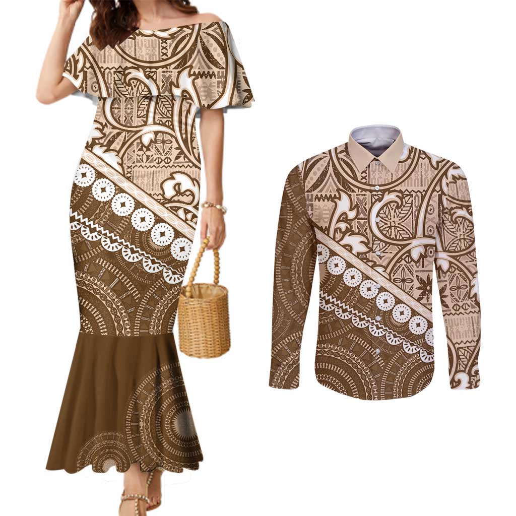 Beige Bula Fiji Couples Matching Mermaid Dress and Long Sleeve Button Shirt Fijian Language Week Tapa Cloth - Pastel