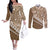 Beige Bula Fiji Couples Matching Off The Shoulder Long Sleeve Dress and Long Sleeve Button Shirt Fijian Language Week Tapa Cloth - Pastel