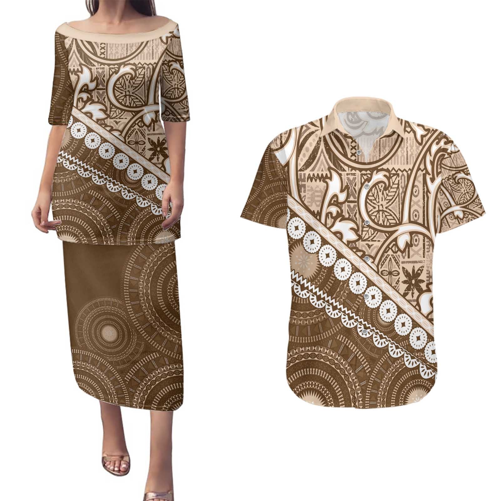 Beige Bula Fiji Couples Matching Puletasi and Hawaiian Shirt Fijian Language Week Tapa Cloth - Pastel