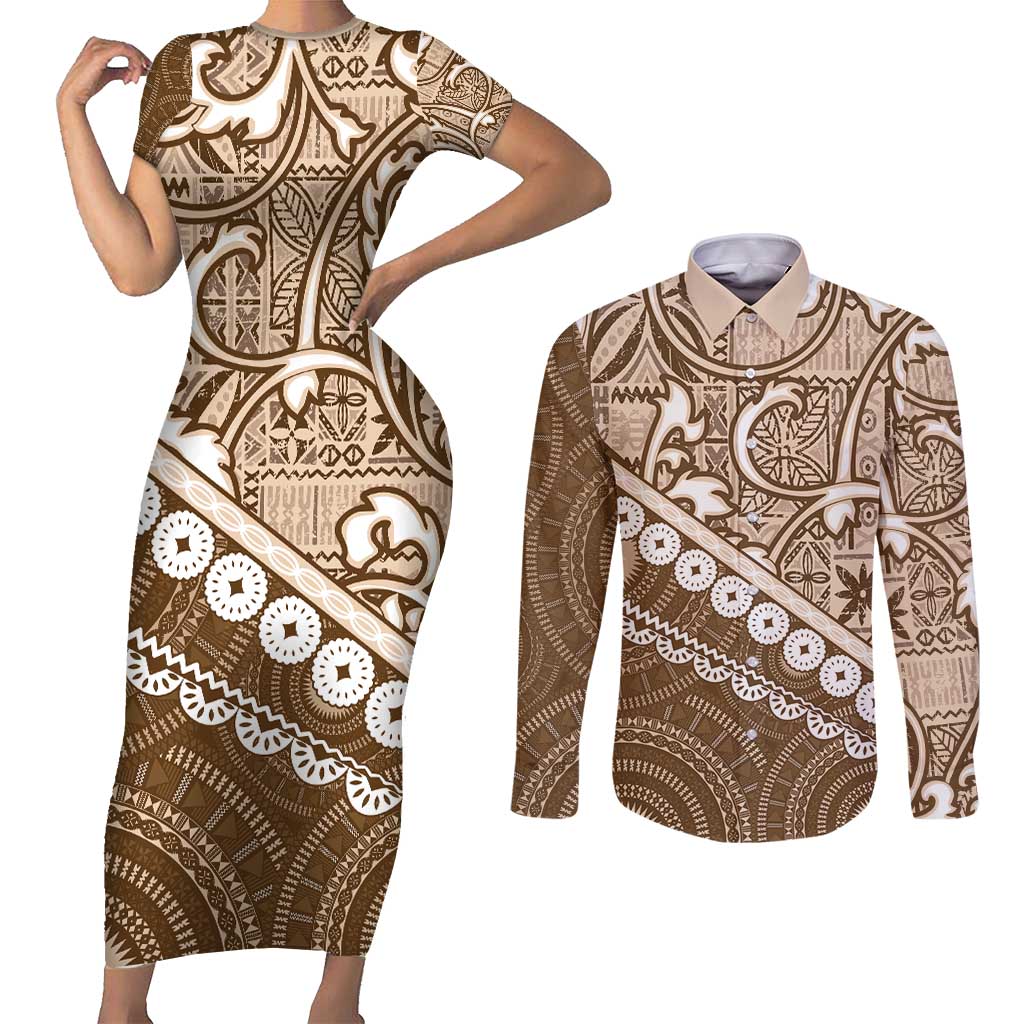 Beige Bula Fiji Couples Matching Short Sleeve Bodycon Dress and Long Sleeve Button Shirt Fijian Language Week Tapa Cloth - Pastel