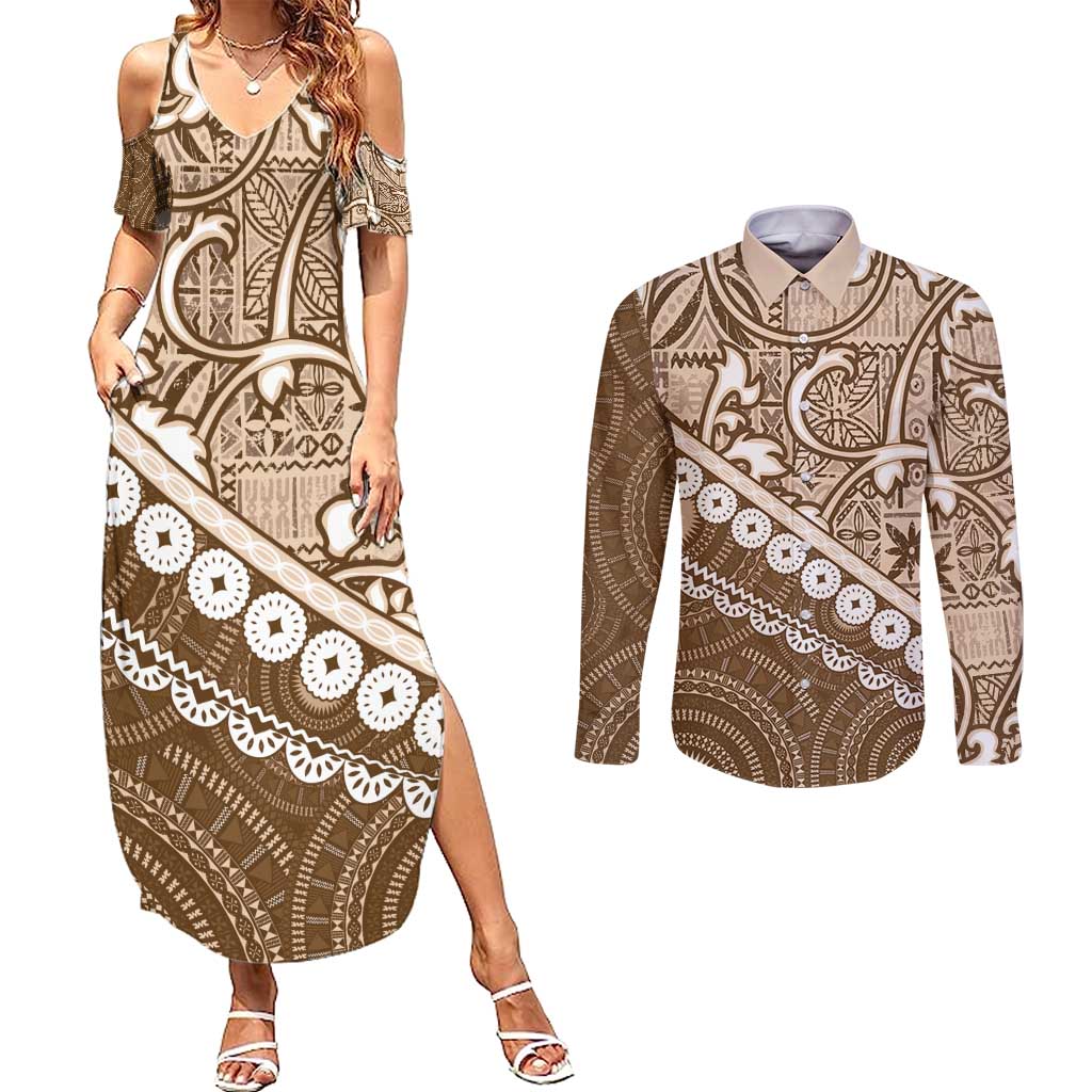 Beige Bula Fiji Couples Matching Summer Maxi Dress and Long Sleeve Button Shirt Fijian Language Week Tapa Cloth - Pastel