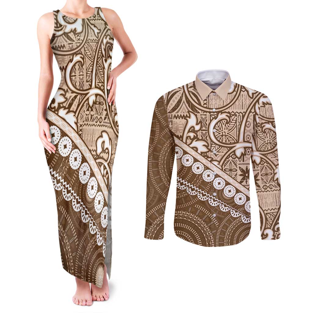 Beige Bula Fiji Couples Matching Tank Maxi Dress and Long Sleeve Button Shirt Fijian Language Week Tapa Cloth - Pastel