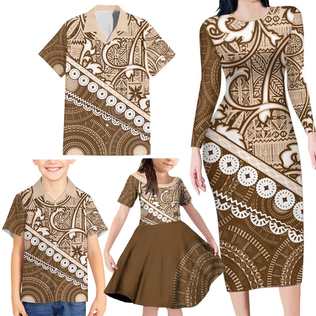 Beige Bula Fiji Family Matching Long Sleeve Bodycon Dress and Hawaiian Shirt Fijian Language Week Tapa Cloth - Pastel