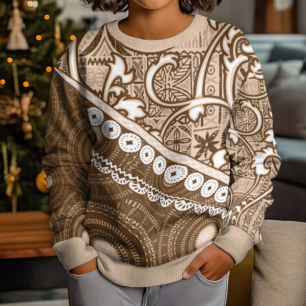Beige Bula Fiji Kid Ugly Christmas Sweater Fijian Language Week Tapa Cloth - Pastel LT14 - Polynesian Pride
