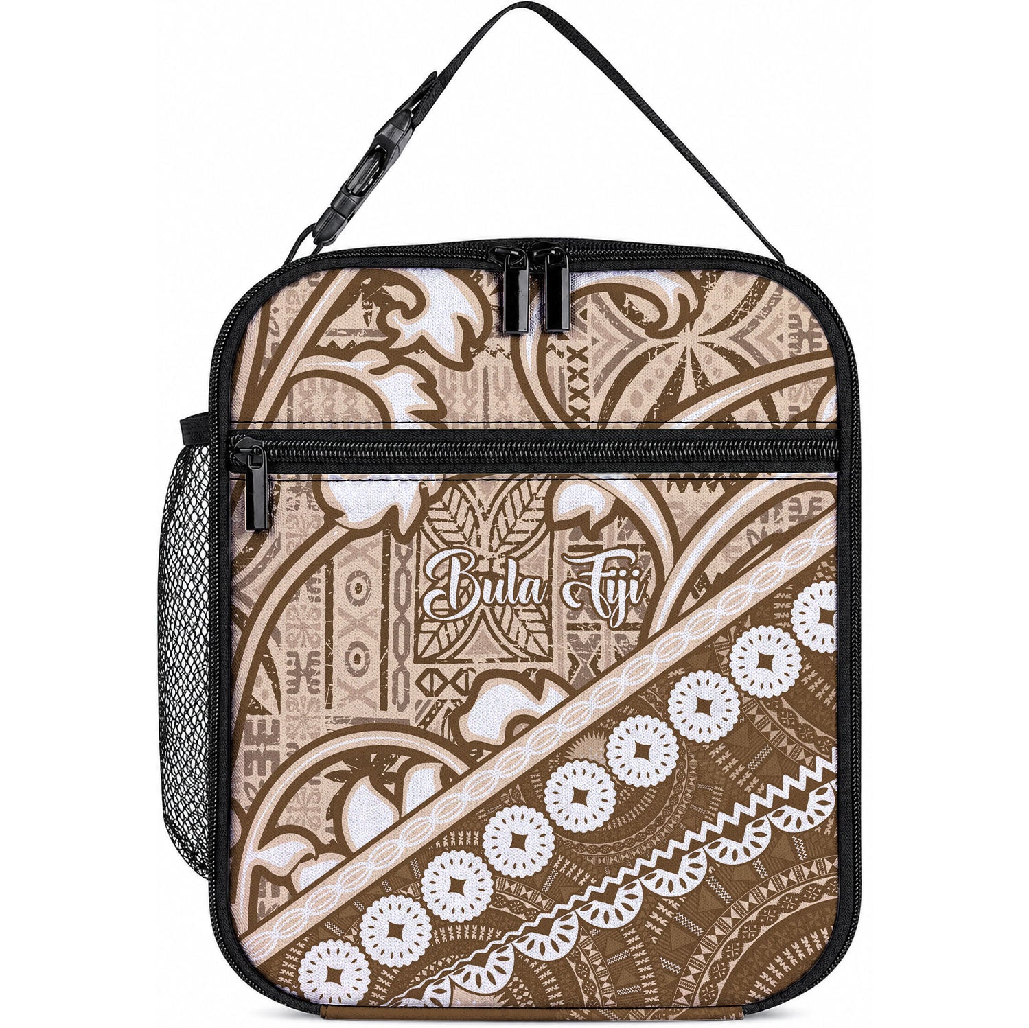 Beige Bula Fiji Lunch Bag Fijian Language Week Tapa Cloth - Pastel LT14 10.2 × 8.3 × 4.3 inch Beige - Polynesian Pride