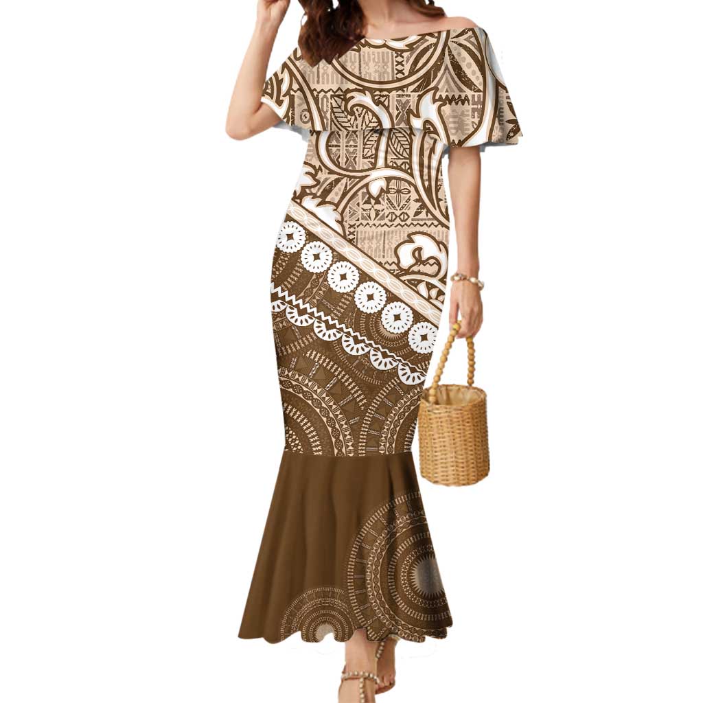 Beige Bula Fiji Mermaid Dress Fijian Language Week Tapa Cloth - Pastel