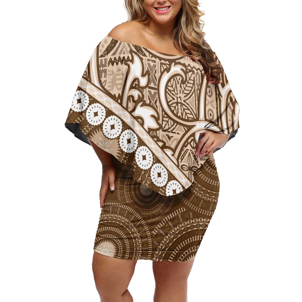 Beige Bula Fiji Off Shoulder Short Dress Fijian Language Week Tapa Cloth - Pastel LT14 Women Beige - Polynesian Pride