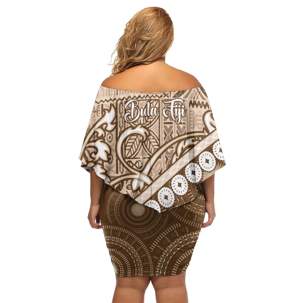 Beige Bula Fiji Off Shoulder Short Dress Fijian Language Week Tapa Cloth - Pastel LT14 - Polynesian Pride