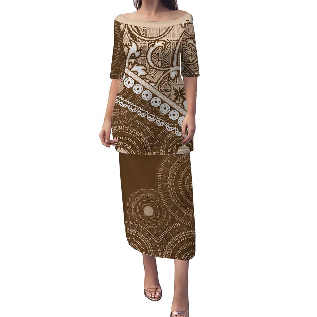 Beige Bula Fiji Puletasi Fijian Language Week Tapa Cloth - Pastel LT14 Long Dress Beige - Polynesian Pride
