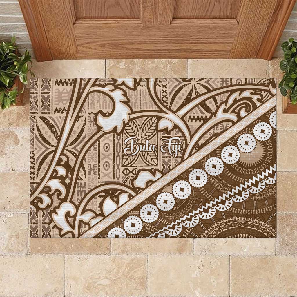 Beige Bula Fiji Rubber Doormat Fijian Language Week Tapa Cloth - Pastel LT14 Beige - Polynesian Pride