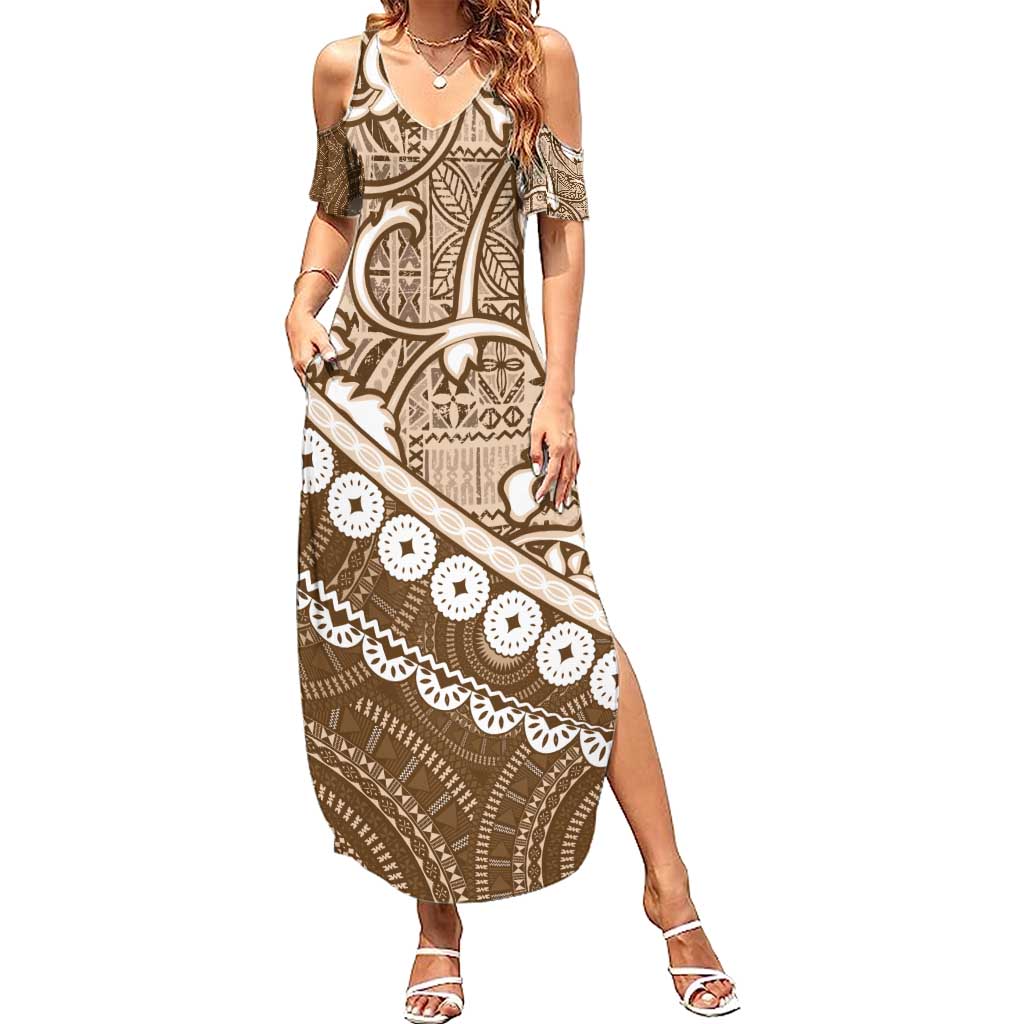 Beige Bula Fiji Summer Maxi Dress Fijian Language Week Tapa Cloth - Pastel LT14 Women Beige - Polynesian Pride