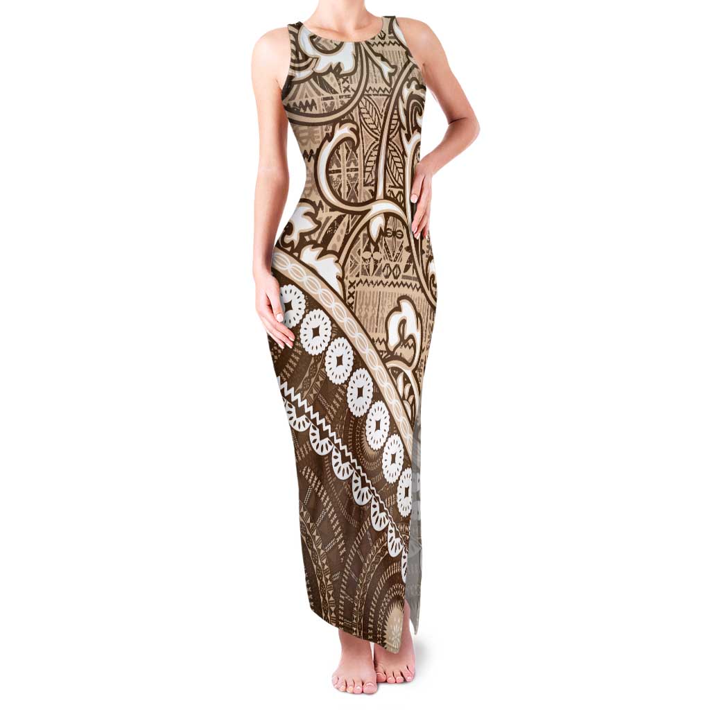 Beige Bula Fiji Tank Maxi Dress Fijian Language Week Tapa Cloth - Pastel LT14 Women Beige - Polynesian Pride
