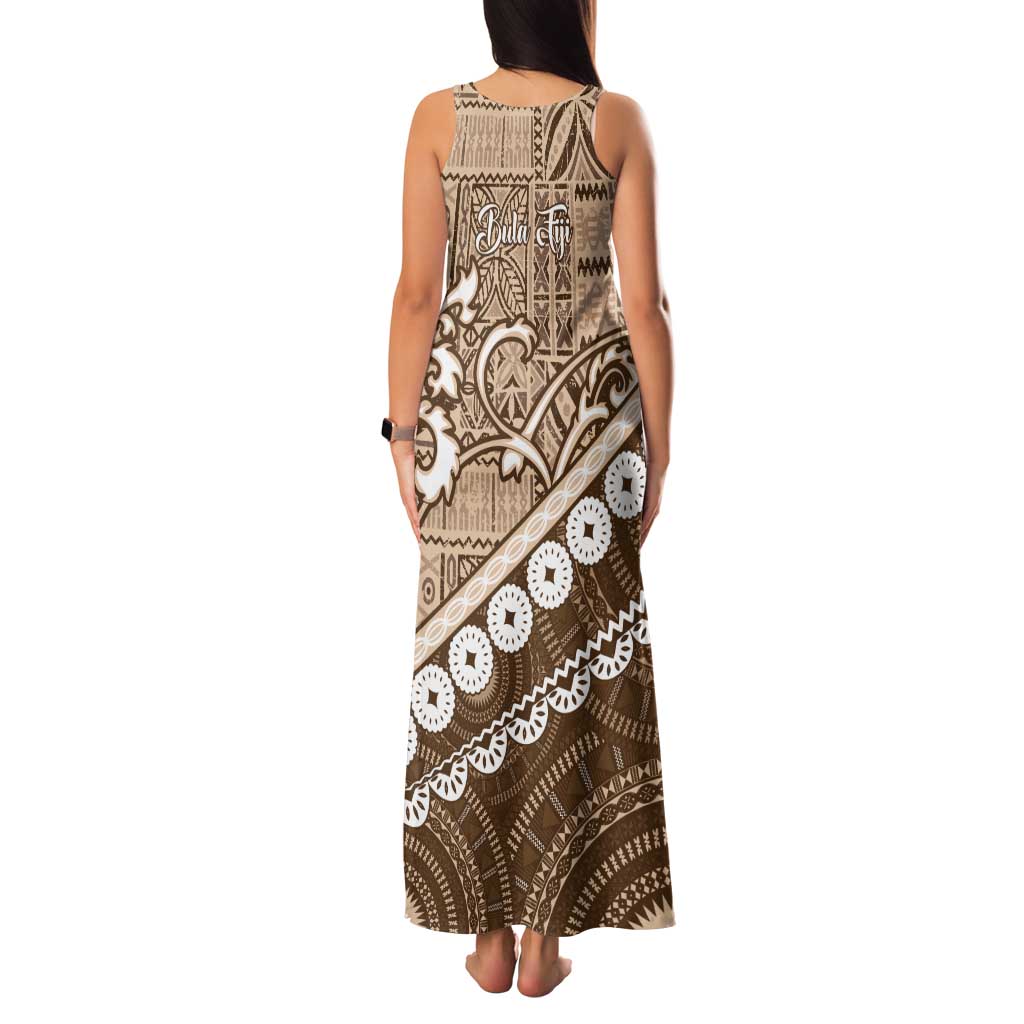 Beige Bula Fiji Tank Maxi Dress Fijian Language Week Tapa Cloth - Pastel LT14 - Polynesian Pride