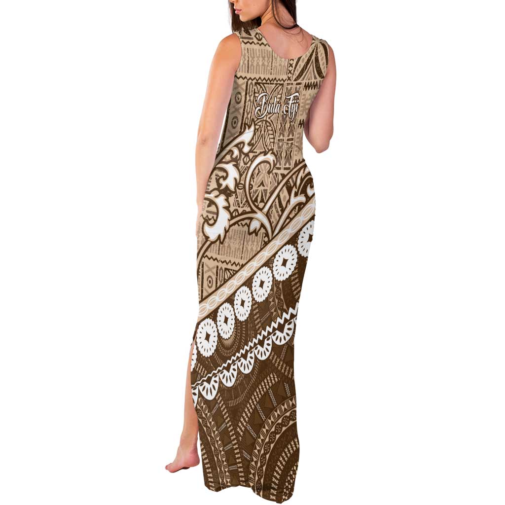 Beige Bula Fiji Tank Maxi Dress Fijian Language Week Tapa Cloth - Pastel LT14 - Polynesian Pride