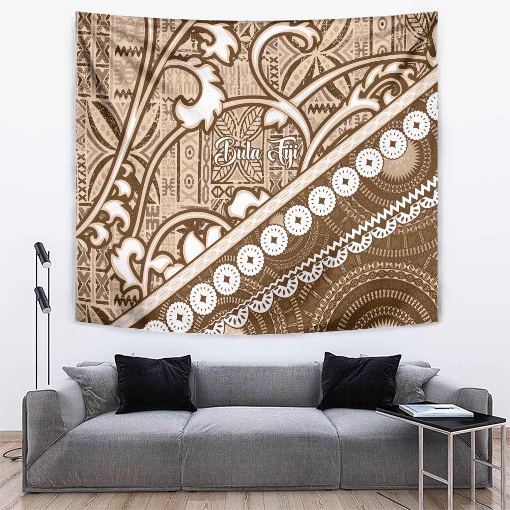 Beige Bula Fiji Tapestry Fijian Language Week Tapa Cloth - Pastel LT14 Beige - Polynesian Pride