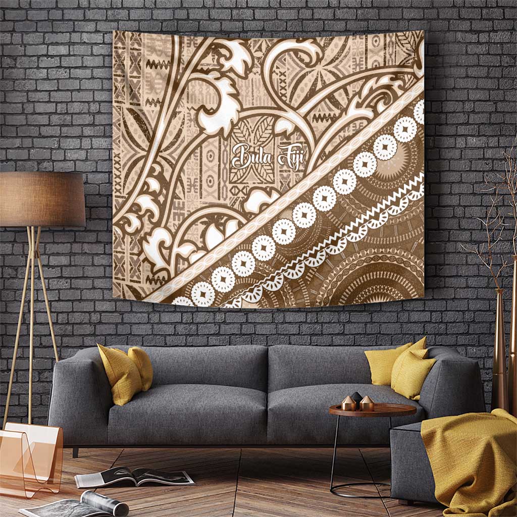 Beige Bula Fiji Tapestry Fijian Language Week Tapa Cloth - Pastel LT14 - Polynesian Pride