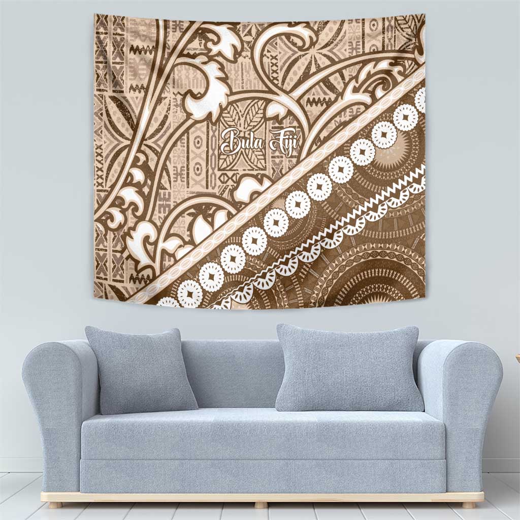 Beige Bula Fiji Tapestry Fijian Language Week Tapa Cloth - Pastel LT14 - Polynesian Pride