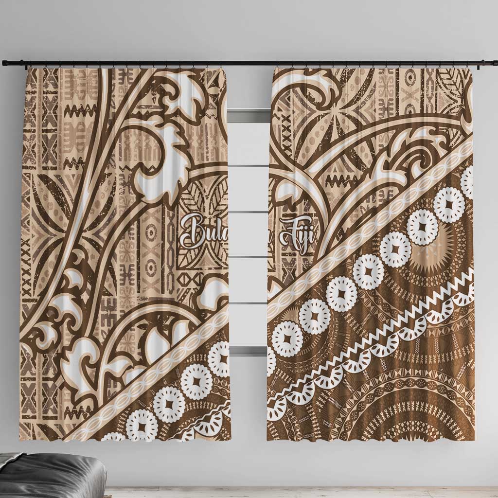 Beige Bula Fiji Window Curtain Fijian Language Week Tapa Cloth - Pastel LT14 With Hooks Beige - Polynesian Pride