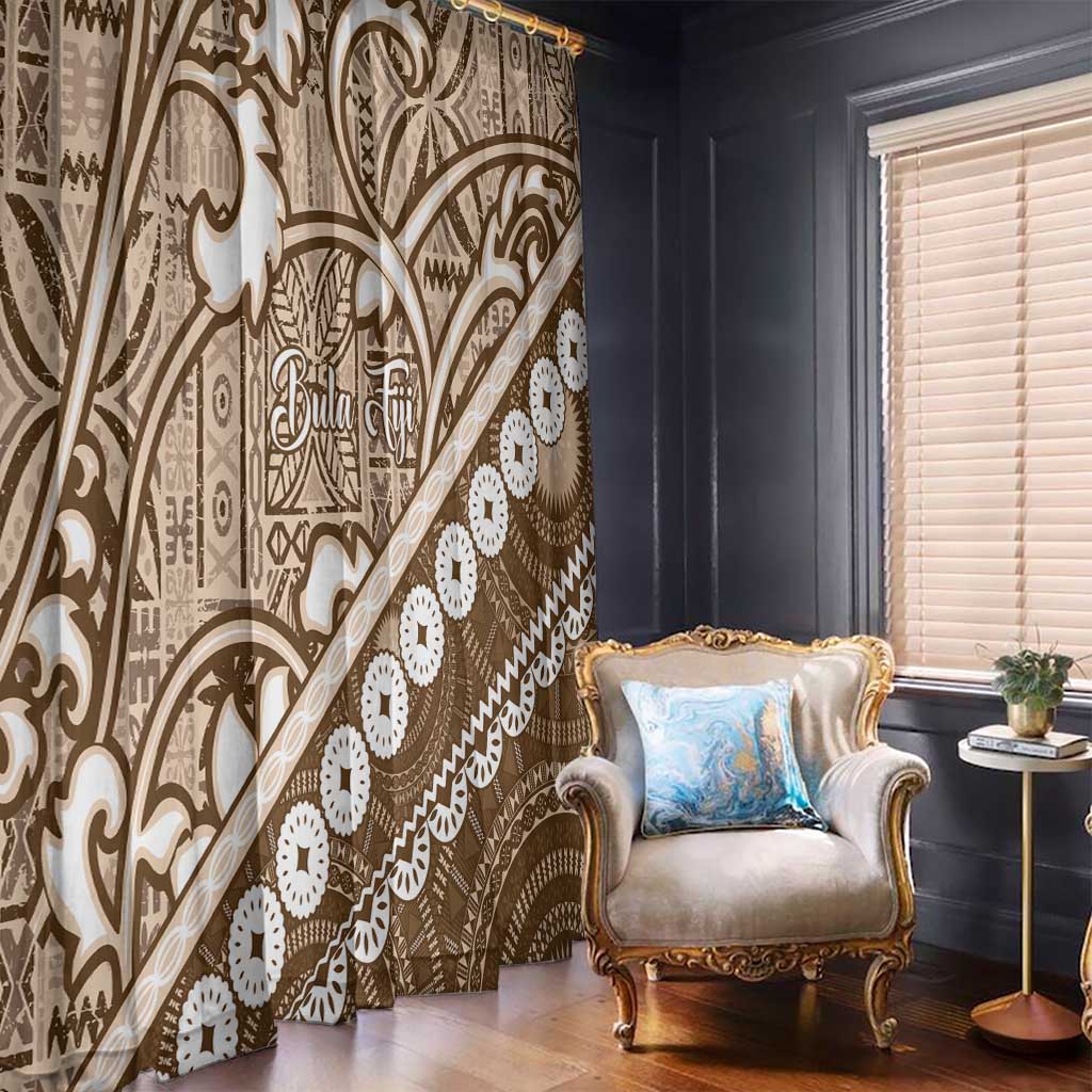Beige Bula Fiji Window Curtain Fijian Language Week Tapa Cloth - Pastel LT14 - Polynesian Pride