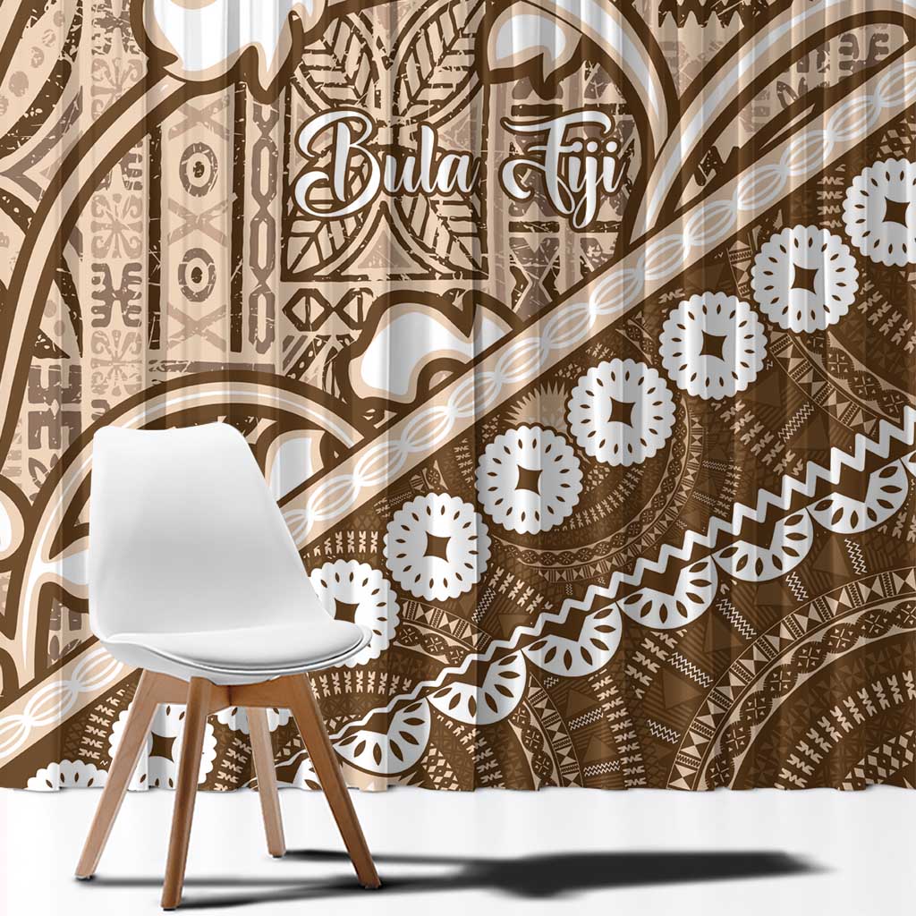 Beige Bula Fiji Window Curtain Fijian Language Week Tapa Cloth - Pastel LT14 - Polynesian Pride