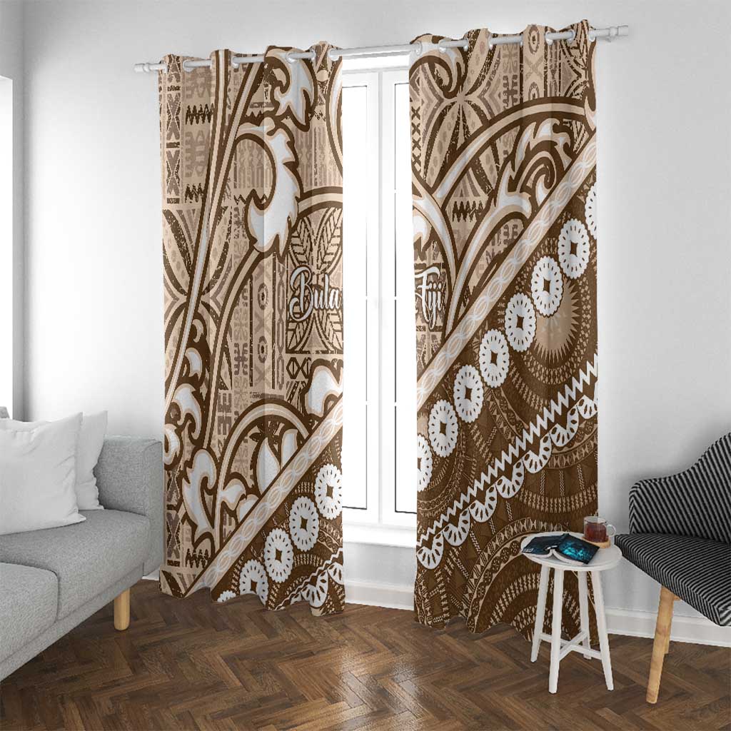 Beige Bula Fiji Window Curtain Fijian Language Week Tapa Cloth - Pastel LT14 With Grommets Beige - Polynesian Pride