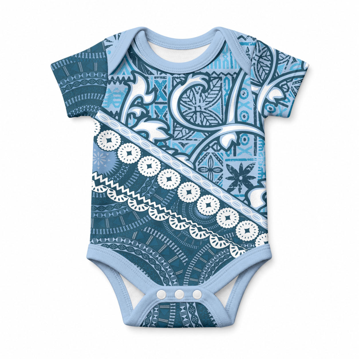Blue Bula Fiji Baby Onesie Fijian Language Week Tapa Cloth - Pastel LT14 Blue - Polynesian Pride
