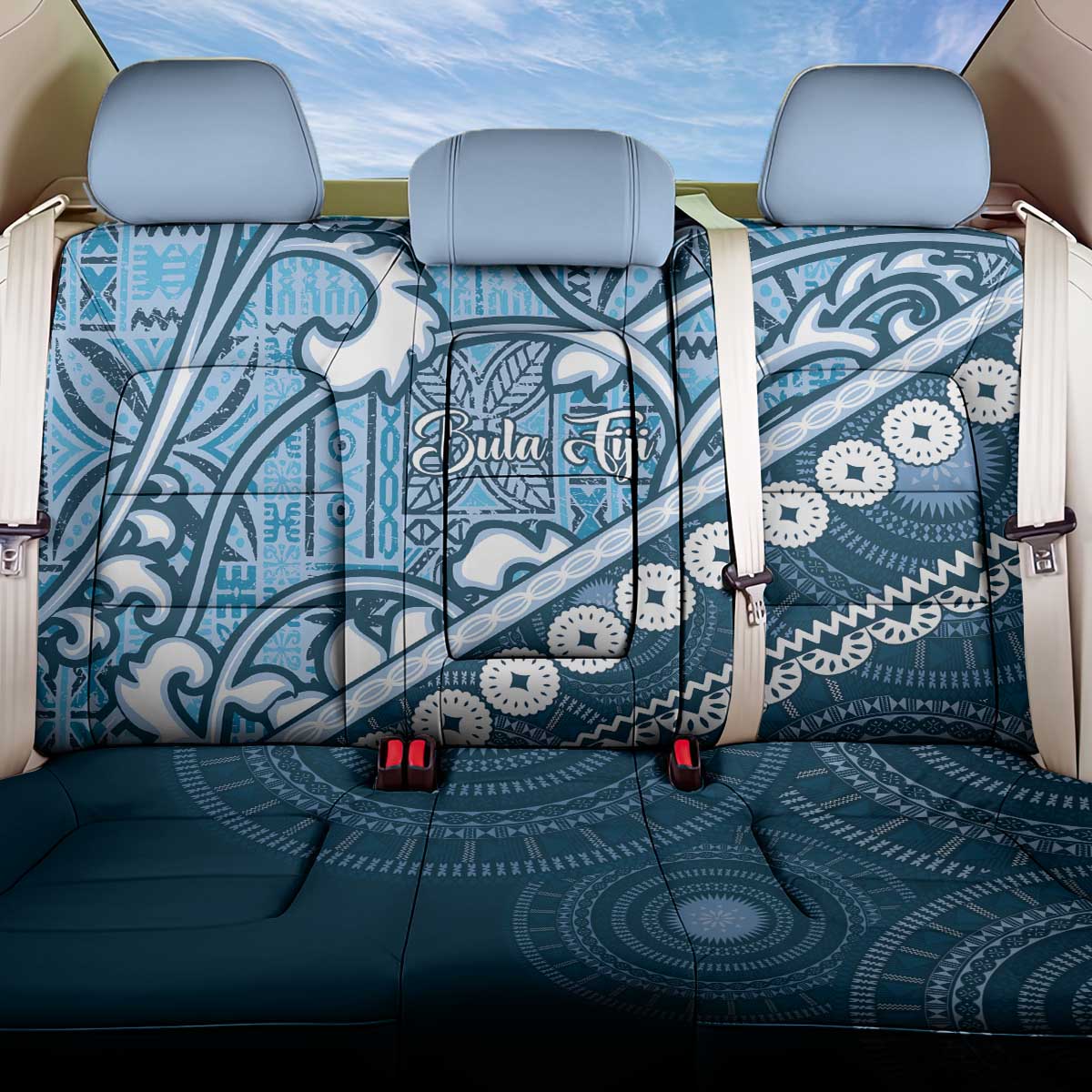 Blue Bula Fiji Back Car Seat Cover Fijian Language Week Tapa Cloth - Pastel