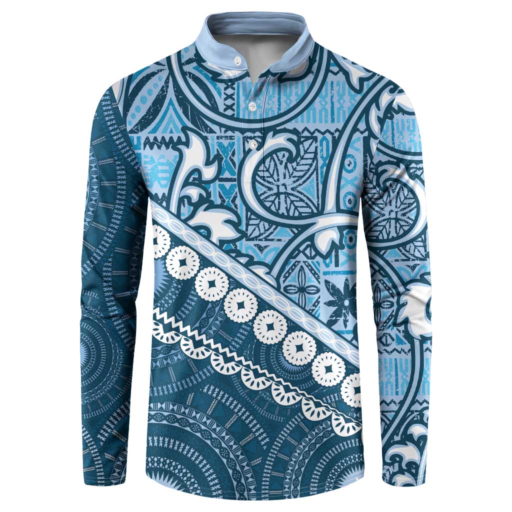Blue Bula Fiji Button Sweatshirt Fijian Language Week Tapa Cloth - Pastel LT14 Blue - Polynesian Pride