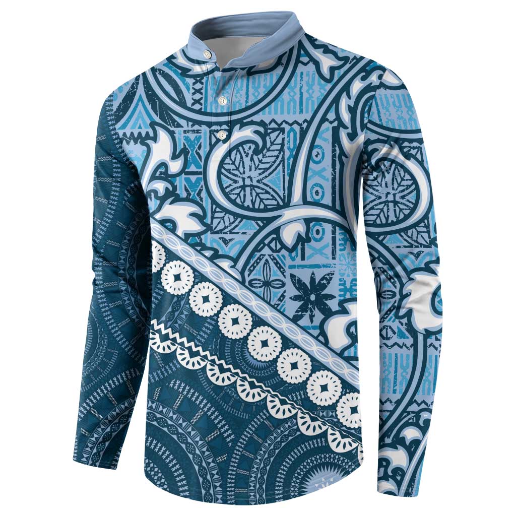 Blue Bula Fiji Button Sweatshirt Fijian Language Week Tapa Cloth - Pastel LT14 - Polynesian Pride