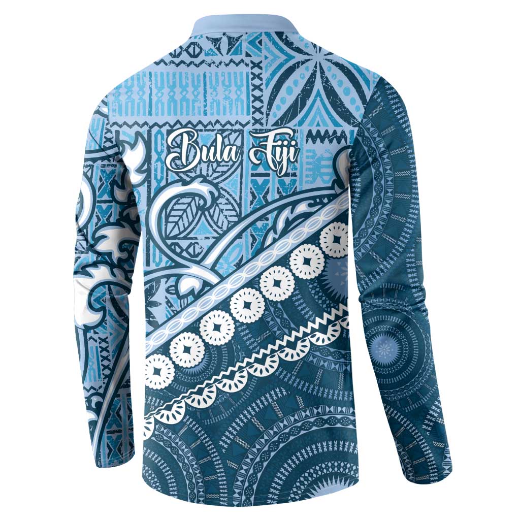Blue Bula Fiji Button Sweatshirt Fijian Language Week Tapa Cloth - Pastel LT14 - Polynesian Pride