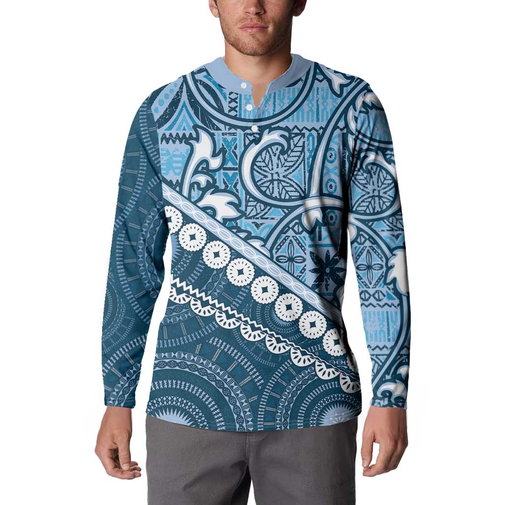 Blue Bula Fiji Button Sweatshirt Fijian Language Week Tapa Cloth - Pastel LT14 - Polynesian Pride
