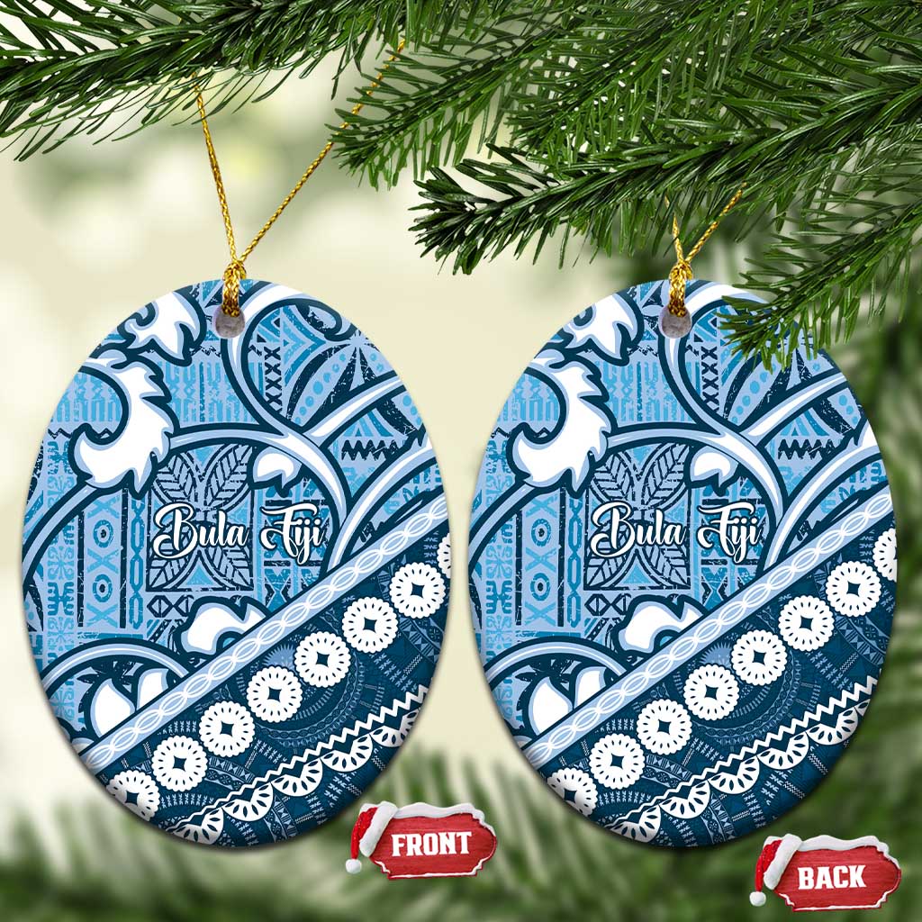 Blue Bula Fiji Ceramic Ornament Fijian Language Week Tapa Cloth - Pastel LT14 Oval Blue - Polynesian Pride