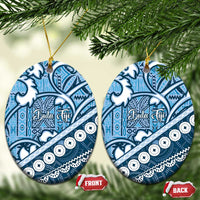 Blue Bula Fiji Ceramic Ornament Fijian Language Week Tapa Cloth - Pastel LT14 Oval Blue - Polynesian Pride