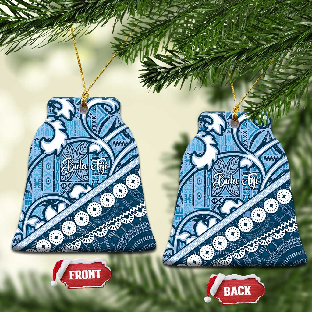 Blue Bula Fiji Ceramic Ornament Fijian Language Week Tapa Cloth - Pastel LT14 Bell Flake Blue - Polynesian Pride