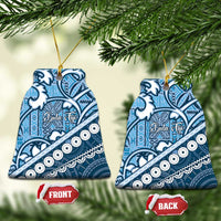 Blue Bula Fiji Ceramic Ornament Fijian Language Week Tapa Cloth - Pastel LT14 Bell Flake Blue - Polynesian Pride