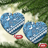 Blue Bula Fiji Ceramic Ornament Fijian Language Week Tapa Cloth - Pastel LT14 Heart Blue - Polynesian Pride